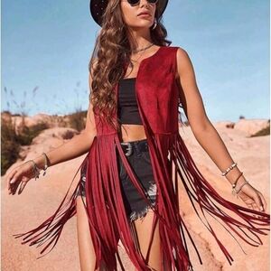 Fringed Suede Vest - Red